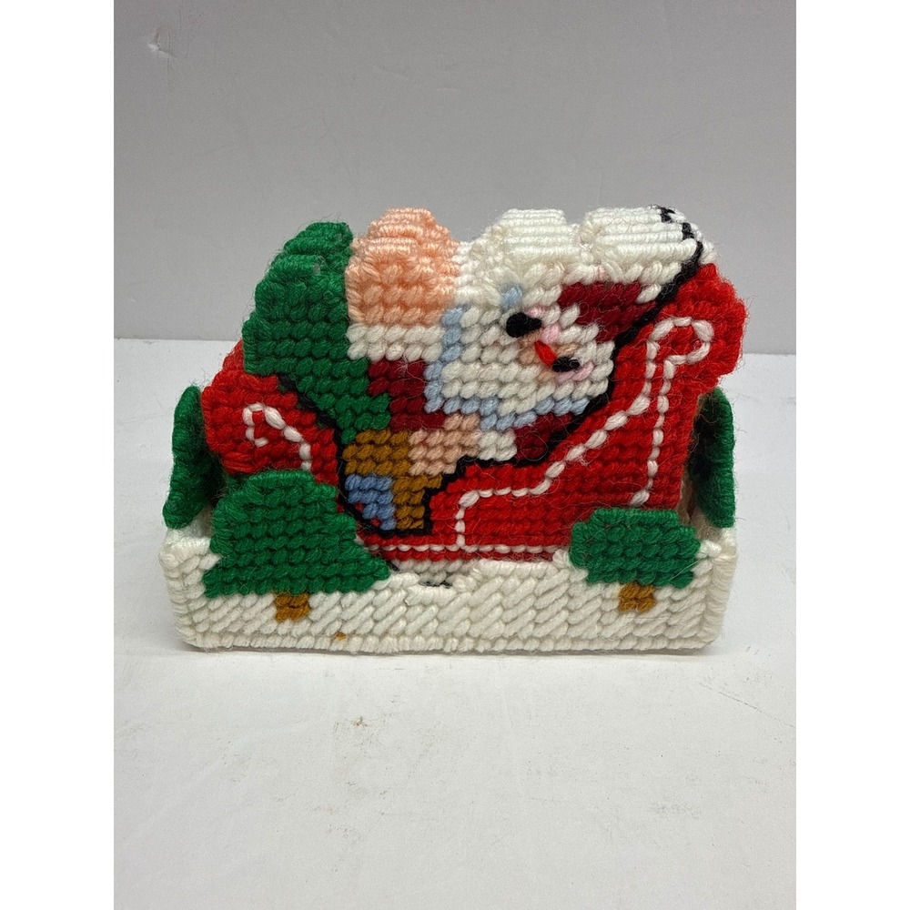 Vintage Handmade PlasticCanvas SantaSleigh ChristmasCoaster Set of 6 with Holder
